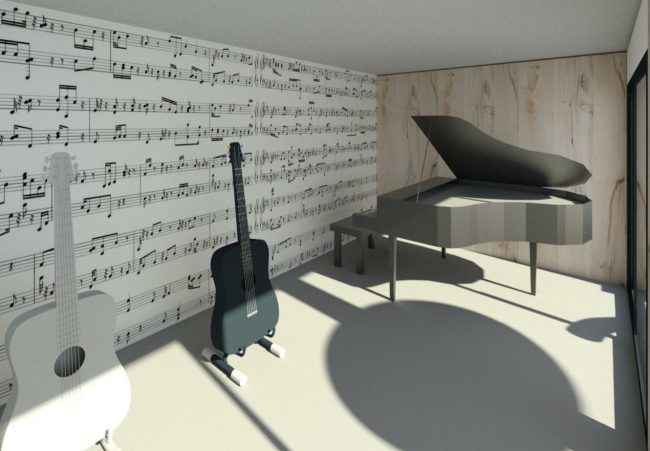 Mon Alvéole Espaces de vie indépendants écoresponsables et solidaires module 3D intérieur salle de musique